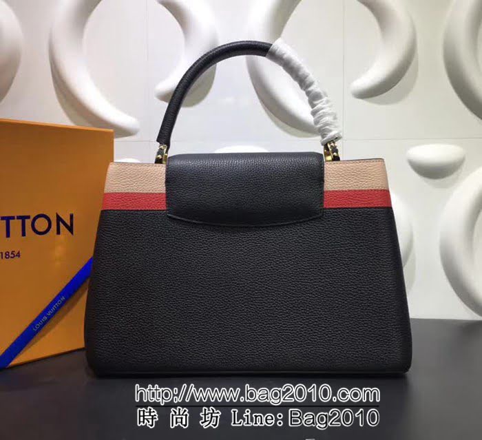 路易威登LV頂級原單 M48869黑色/條紋 經典Capucines中號牛皮手提斜挎包 YDH1690
